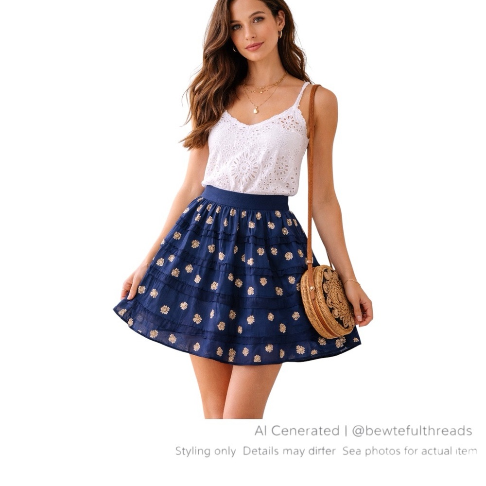 Boho Luxe Silk Skater Mini Skirt Navy Embroidered Artisan Festival US 4–